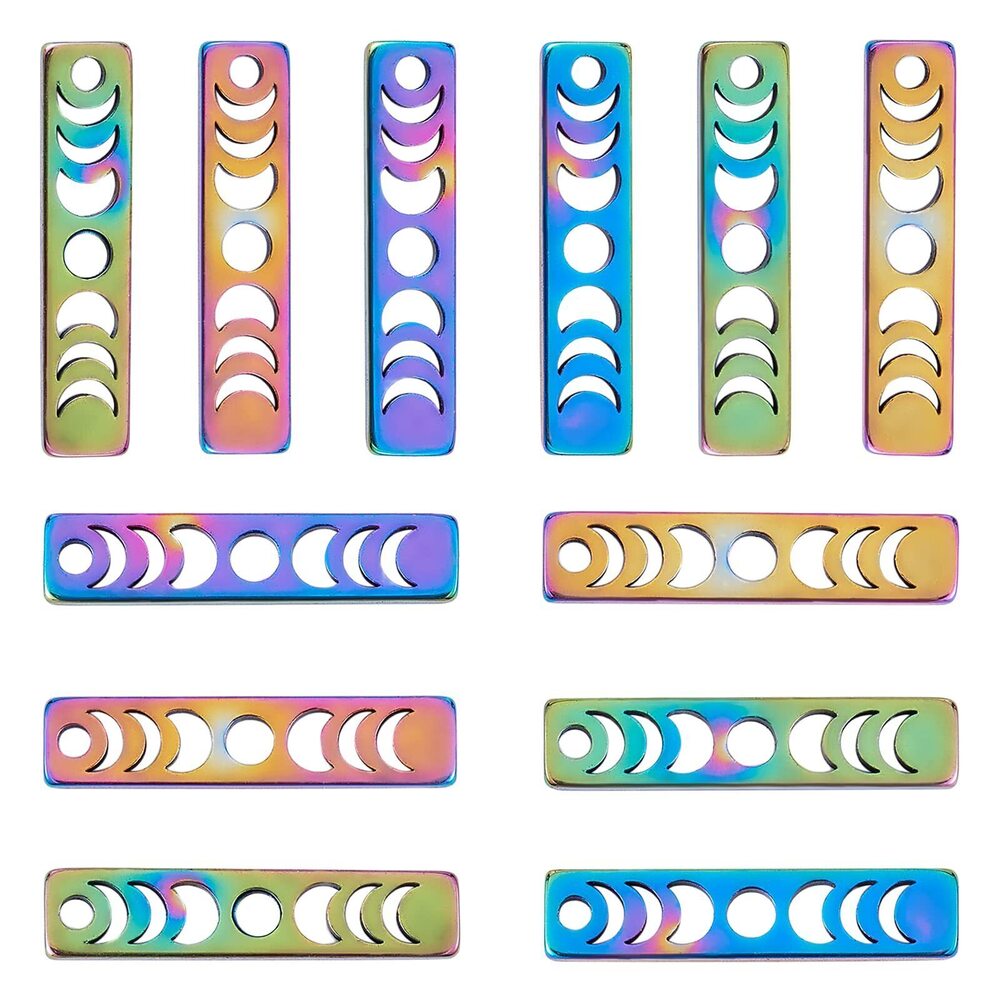 8198 20 Pieces Rainbow Moon Charm Pendant Rectangle with Phase of The Moon